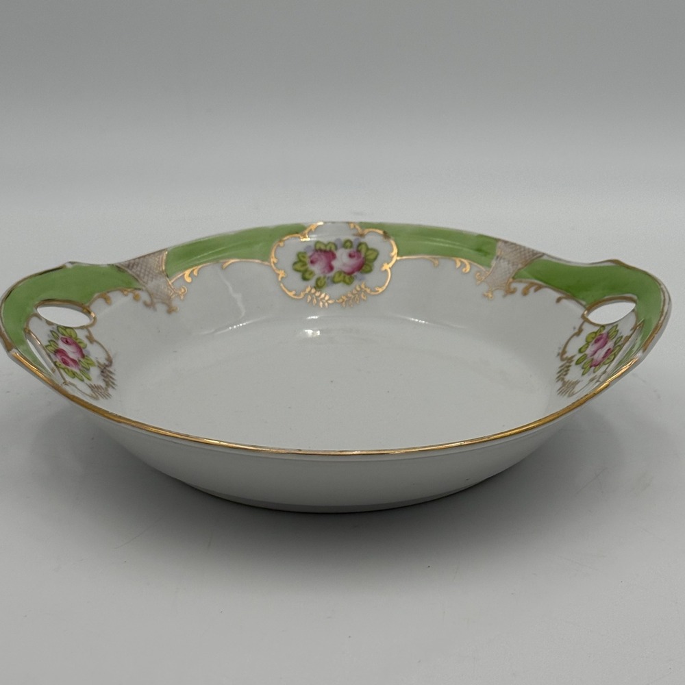 Antique Nippon Hand Painted Floral Porcelain Nut Bowl Green Gold Moriage Japan